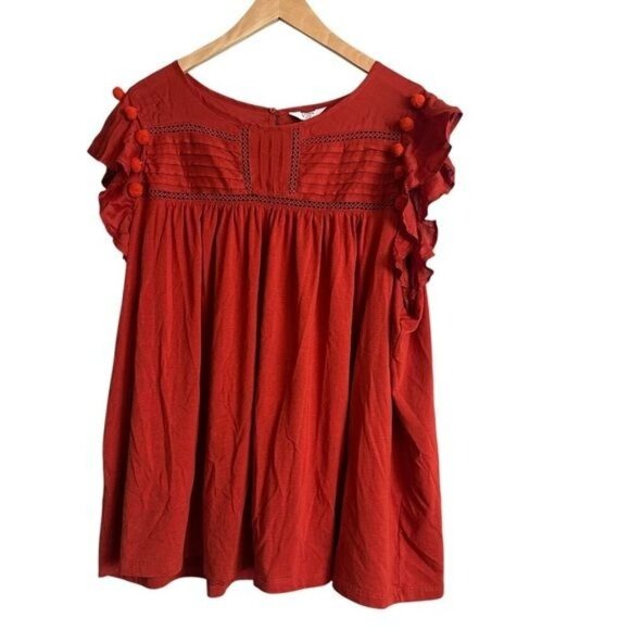 Crown and Ivy Womans Top Size 3X Burnt Orange Pom Poms Short Sleeve Flowy NWT - Picture 1 of 8